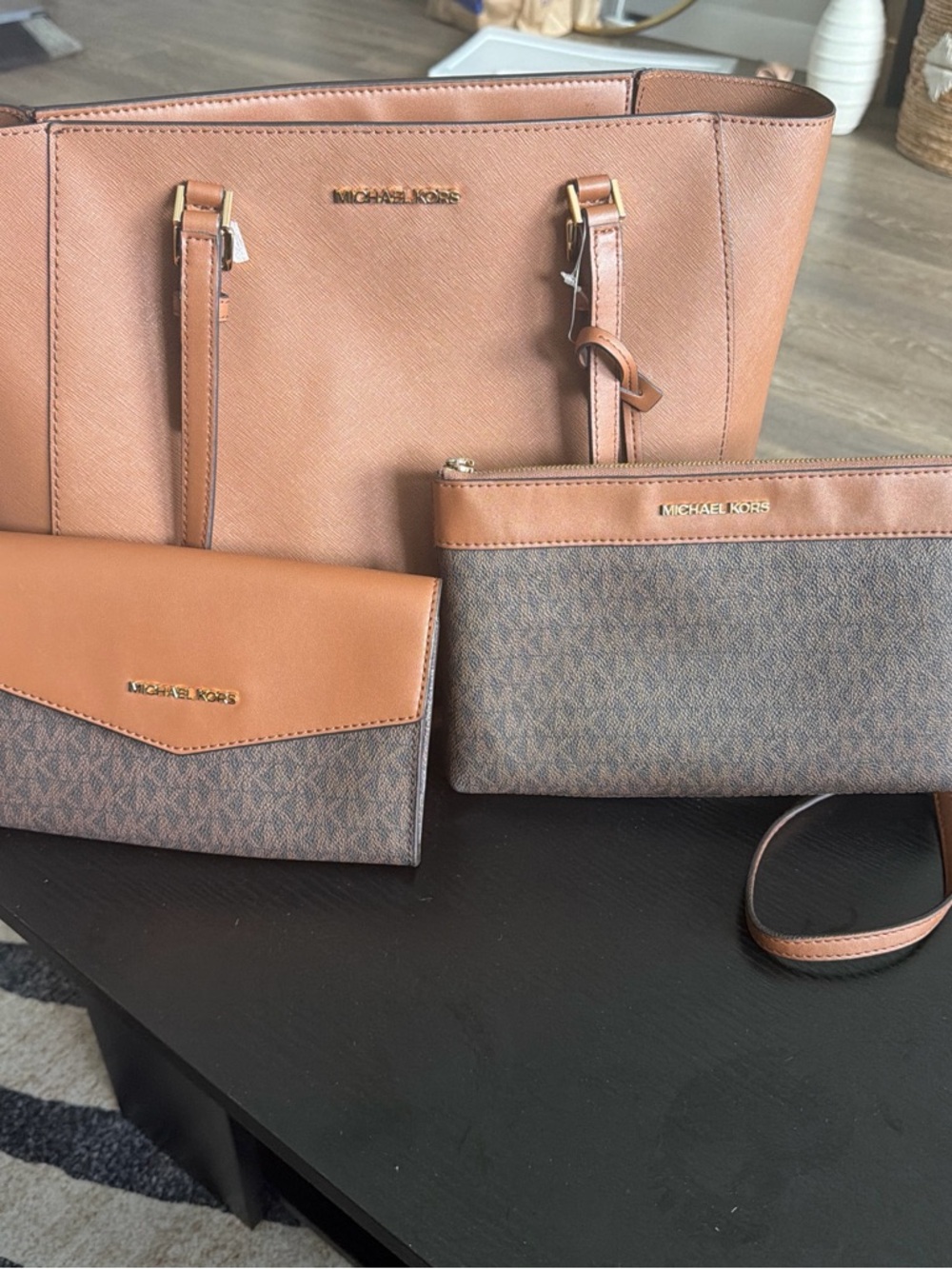 Michael Kors Brown Tan Signature 3-Piece Tote & Wallet Set